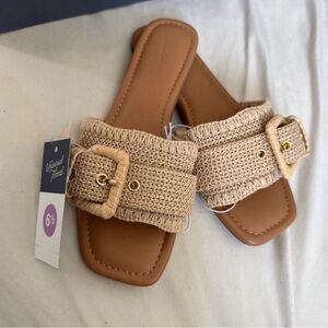 Woven Buckle Slide Sandals in Natural Beige